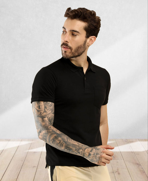 T.T. Men Slim Fit Cotton Polyster Pique Polo Half Sleeve T-Shirt Black