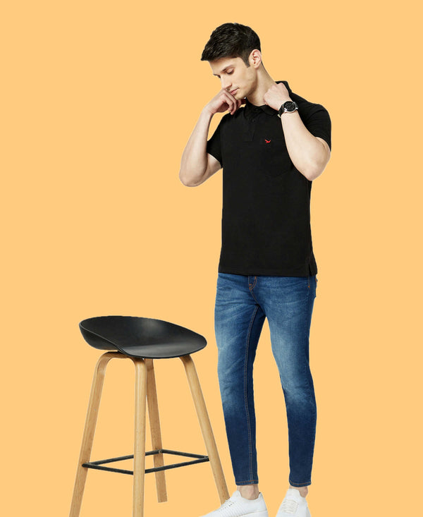 HiFlyers Men'S Solid Regular Fit Polo T-Shirt With Pocket -Black