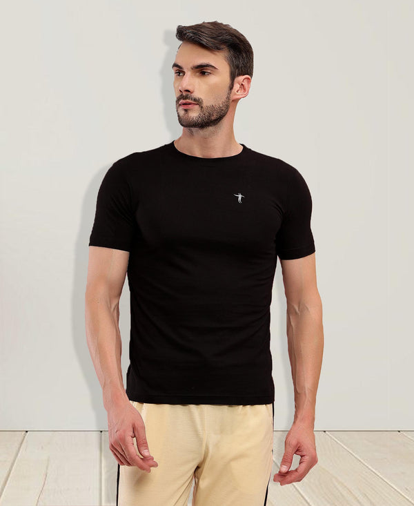 T.T. Men Slim Fit 100% Cotton Cool Round Neck Half Sleev Solid Tshirt Black