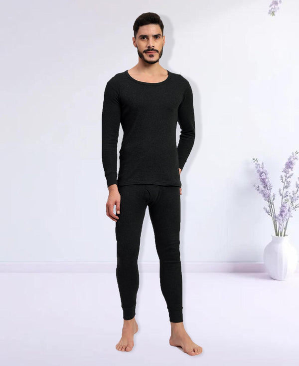 T.T. Men Regular Fit Super Soft, Super Warm Cotton Rich With Elastomeric Finish Thermal Set -Black
