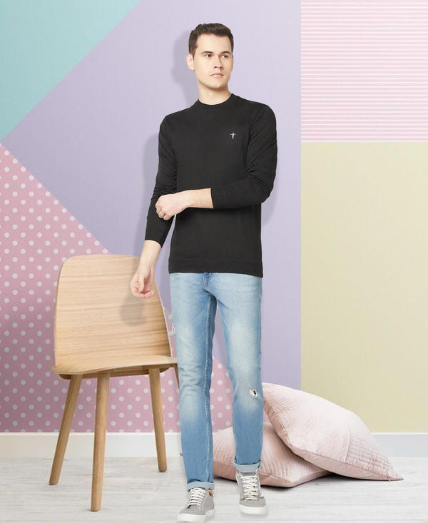 T.T. Men Black Cotton Polyster Regular Fit Solid Sweatshirt Style Tshirt