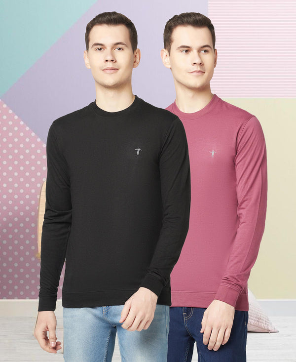T.T. Men Cotton Polyster Regular Fit Solid Full Sleeve T-Shirt Pack Of 2 (Black-Onion )
