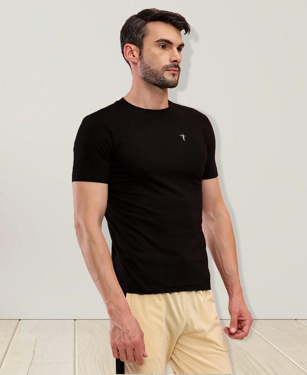 T.T. Men Slim Fit 100% Cotton Cool Round Neck Half Sleev Solid Tshirt Black