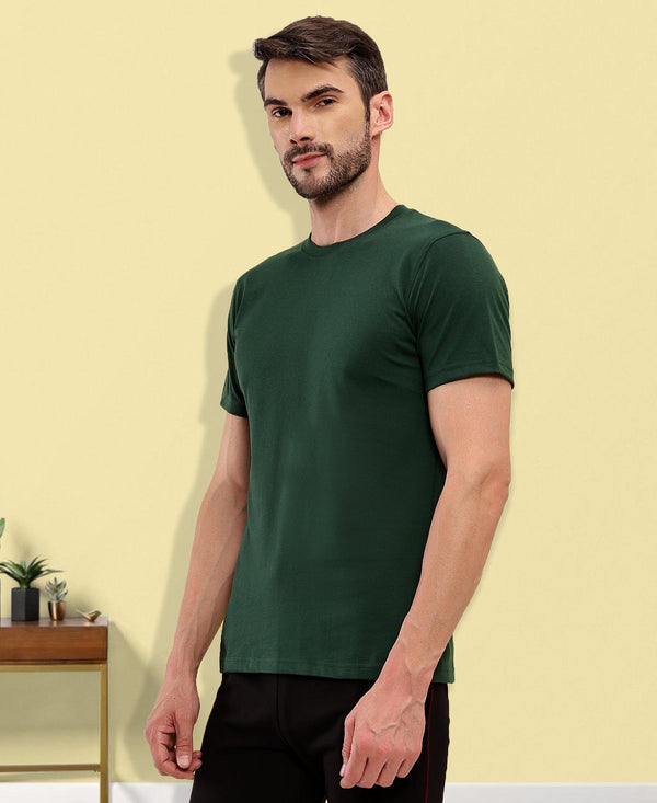T.T. Men Eco Friendly (Cotton Rich) Recycled Fabric Solid Round Neck Regular Fit Bottle Green