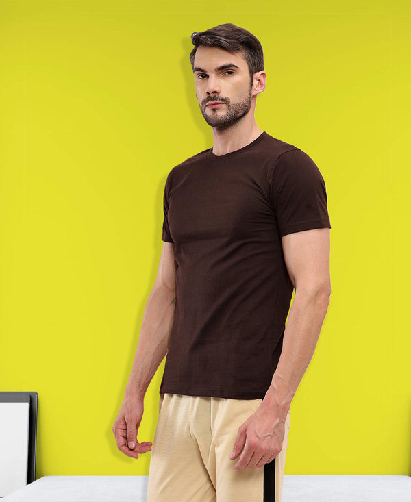 T.T. Men Eco Friendly (Cotton Rich) Recycled Fabric Solid Round Neck Regular Fit Coffee Brown