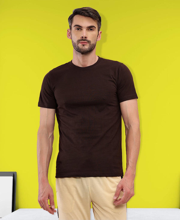 T.T. Men Eco Friendly (Cotton Rich) Recycled Fabric Solid Round Neck Regular Fit Coffee Brown