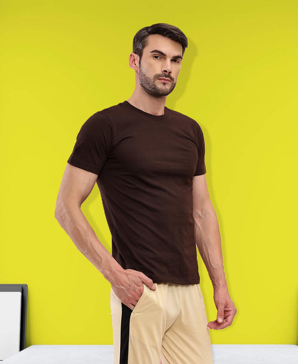 T.T. Men Eco Friendly (Cotton Rich) Recycled Fabric Solid Round Neck Regular Fit Coffee Brown