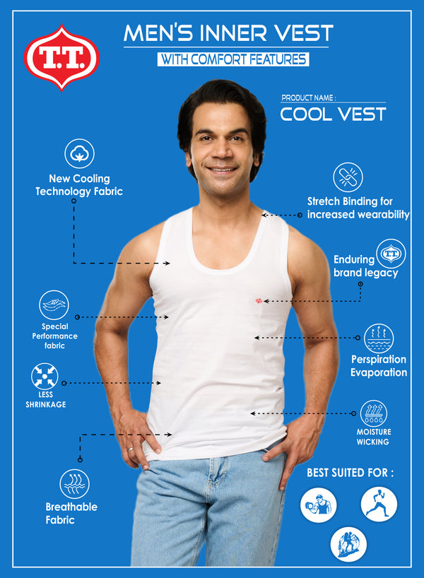 T.T. Men Cool 100% Cotton With Moisture Wicking & Cooling Technology Vest (Pack Of 2) White