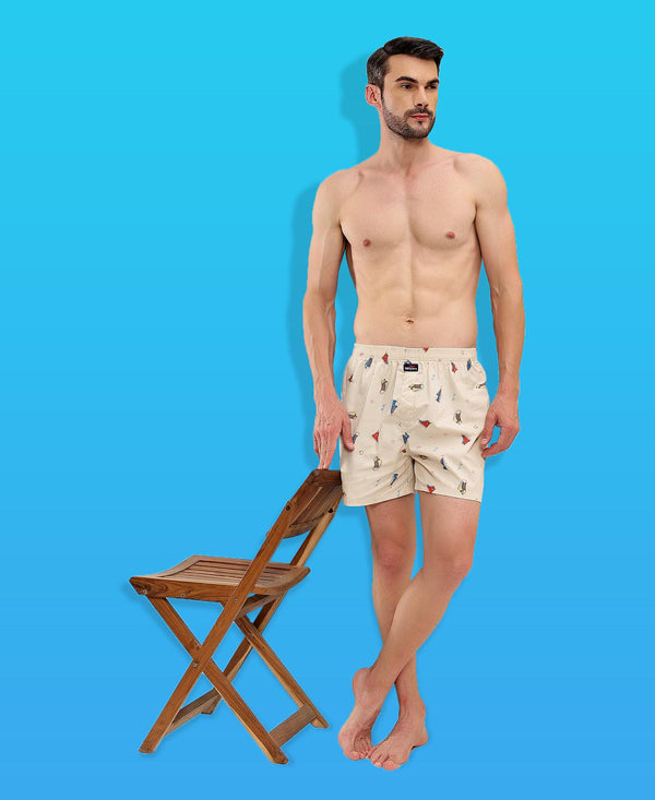 HiFlyers Men Regular Fit Printed Super Combed Cotton Woven Boxer Short Pack Of 1 Cream