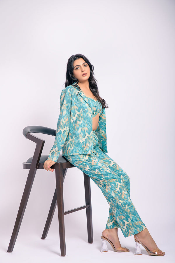 Turquoise printed 3 piece co ord set