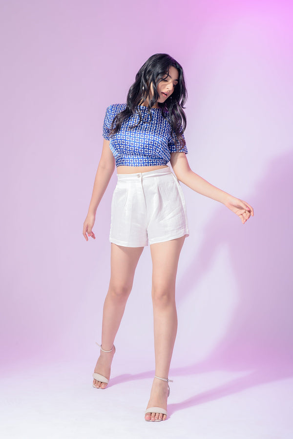 Azure prism blue satin geometric crop top