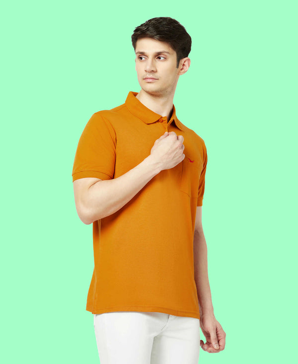 HiFlyers Men'S Solid Regular Fit Polo T-Shirt With Pocket -Dark Mustard