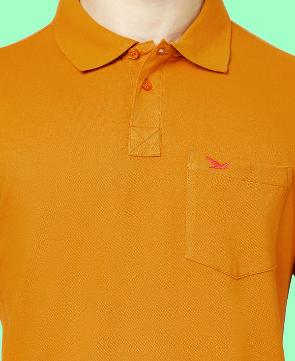 HiFlyers Men'S Solid Regular Fit Polo T-Shirt With Pocket -Dark Mustard