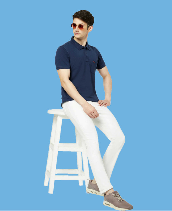 HiFlyers Men'S Solid Regular Fit Polo T-Shirt With Pocket -Denim