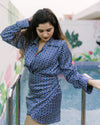 Blue satin shirt dress