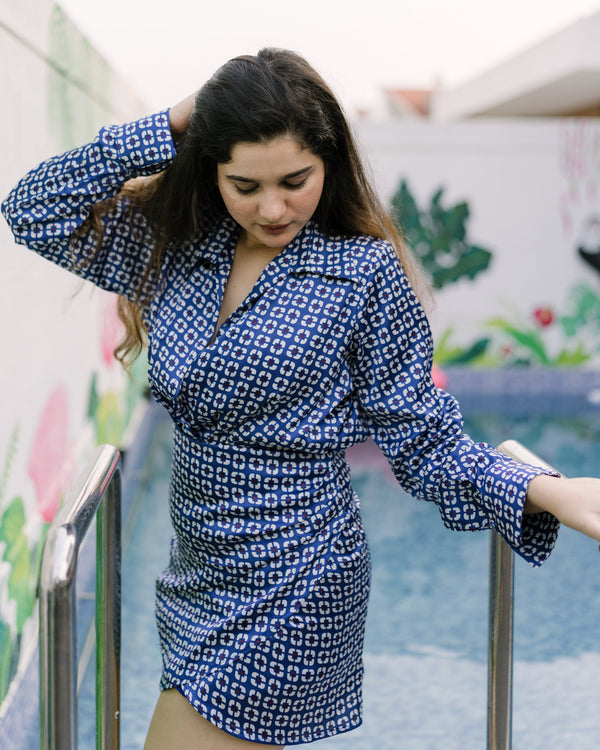 Blue satin shirt dress