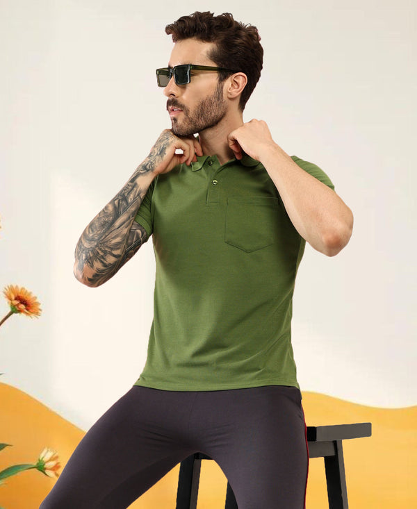 T.T. Men Slim Fit Cotton Polyster Pique Polo Half Sleeve T-Shirt Olive