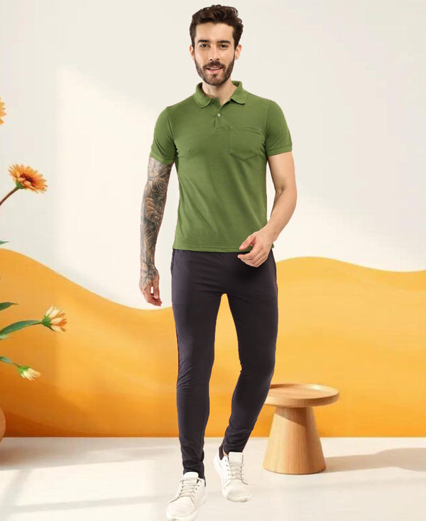 T.T. Men Slim Fit Cotton Polyster Pique Polo Half Sleeve T-Shirt Olive