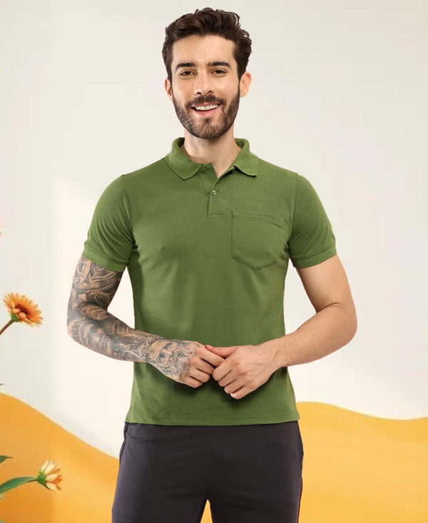 T.T. Men Slim Fit Cotton Polyster Pique Polo Half Sleeve T-Shirt Olive
