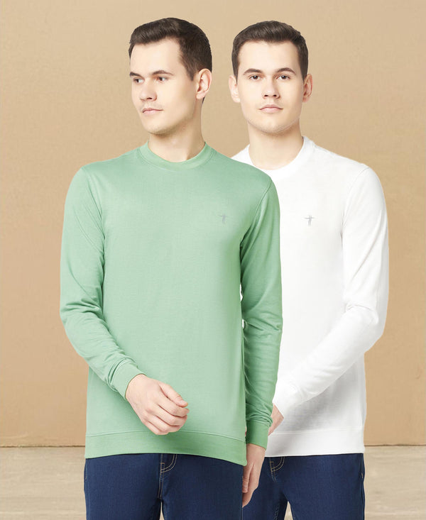 T.T. Men Cotton Polyster Regular Fit Solid Full Sleeve T-Shirt Pack Of 2 (White-Green )