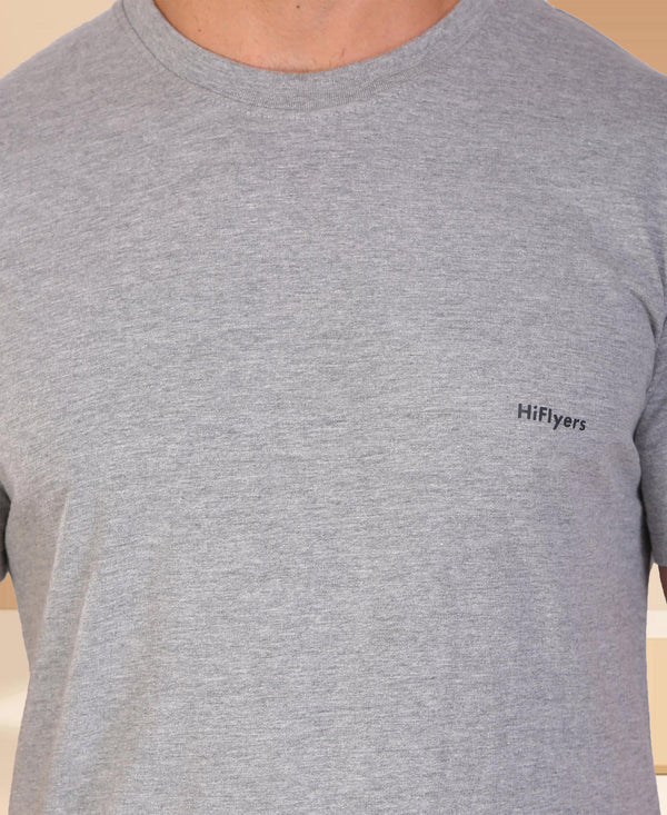 HiFlyers Men Slim Fit Self-Design Premium Rn Tshirts Grey Melange