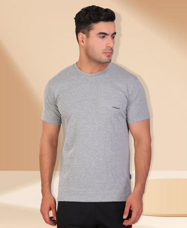 HiFlyers Men Slim Fit Self-Design Premium Rn Tshirts Grey Melange