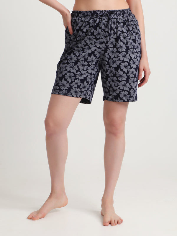 HiFlyers Women Regular Fit Cotton Printed Short -Navy