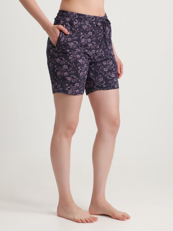 HiFlyers Women Regular Fit Cotton Printed Short -Purple