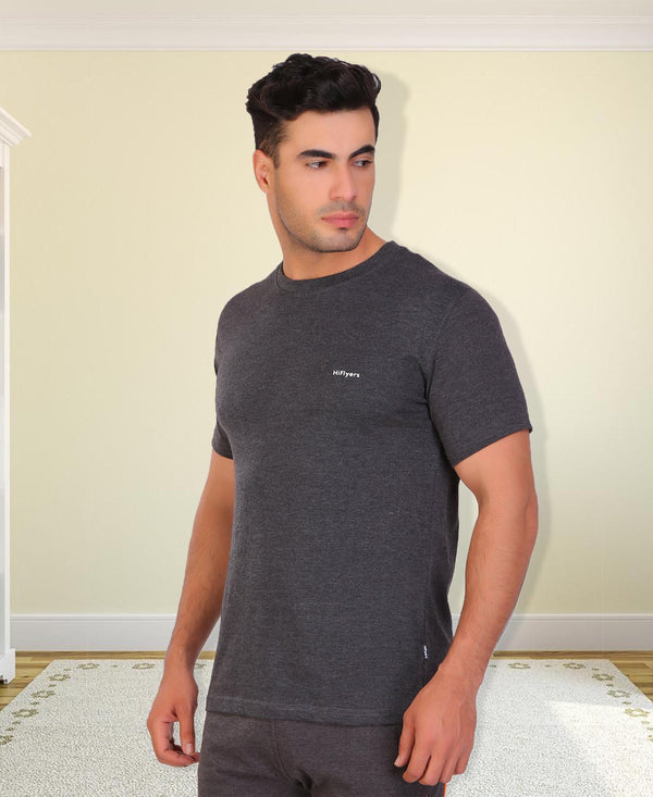 HiFlyers Men Slim Fit Solid Premium Rn Tshirts Anthra