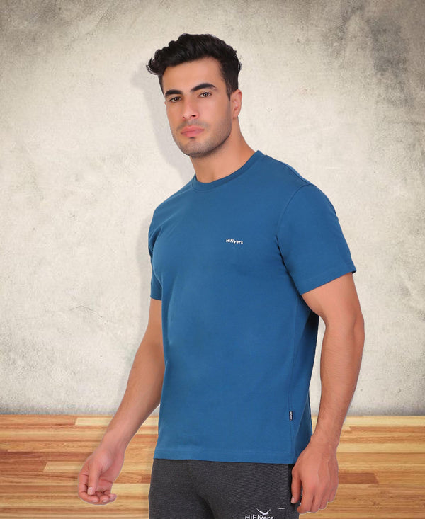 HiFlyers Men Slim Fit Solid Premium Rn Tshirts Deep Atlantic