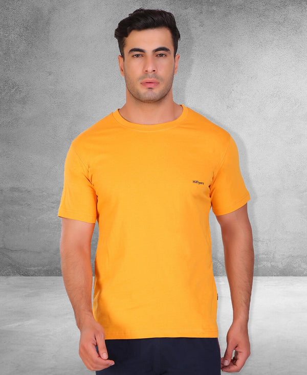 HiFlyers Men Slim Fit Solid Premium Rn Tshirts Gold