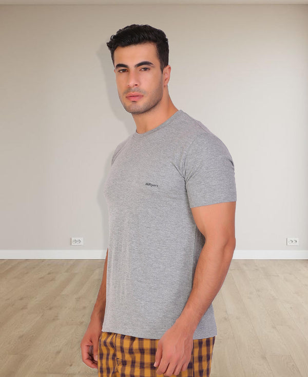 HiFlyers Men Slim Fit Solid Premium Rn Tshirts Grey Melange