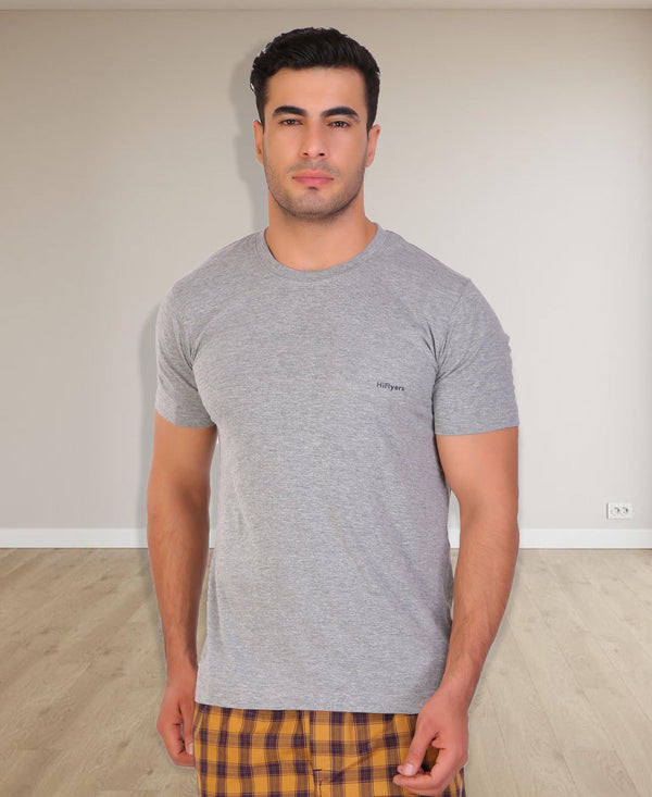 HiFlyers Men Slim Fit Solid Premium Rn Tshirts Grey Melange
