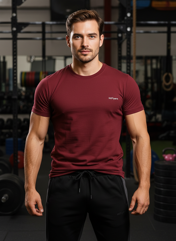 HiFlyers Men Slim Fit Solid Premium Rn Tshirts Maroon