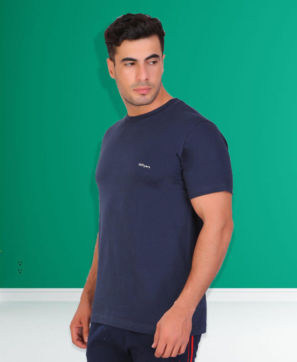 HiFlyers Men Slim Fit Solid Premium Rn Tshirts Navy