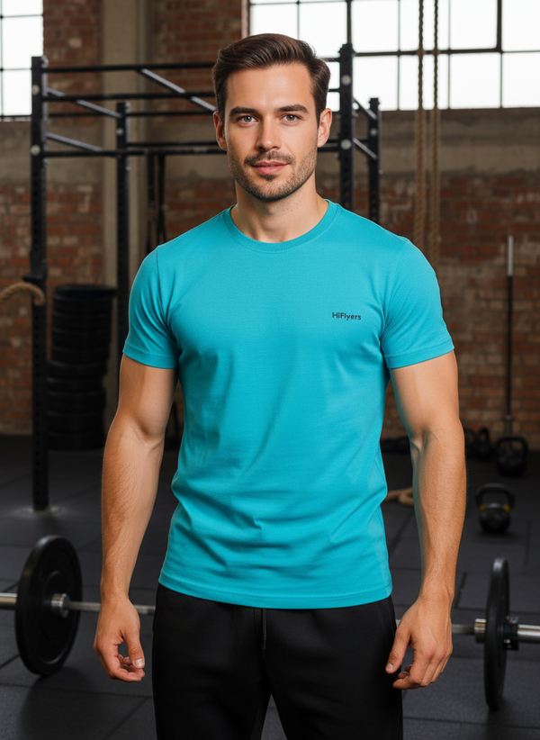HiFlyers Men Slim Fit Solid Premium Rn Tshirts Teal Blue