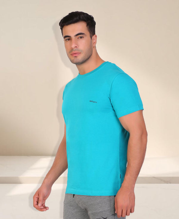 HiFlyers Men Slim Fit Solid Premium Rn Tshirts Teal Blue