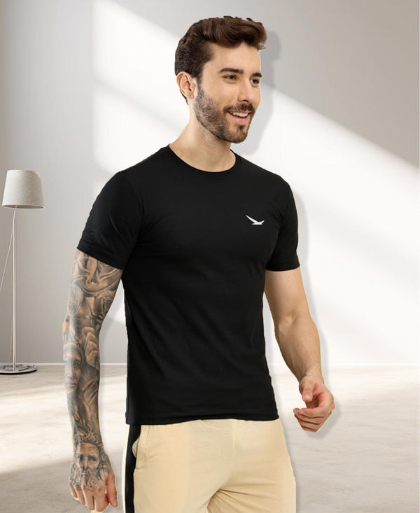 HiFlyers Men Regular Fit Polyster Pique Round Neck Half Sleev Tshirt Black