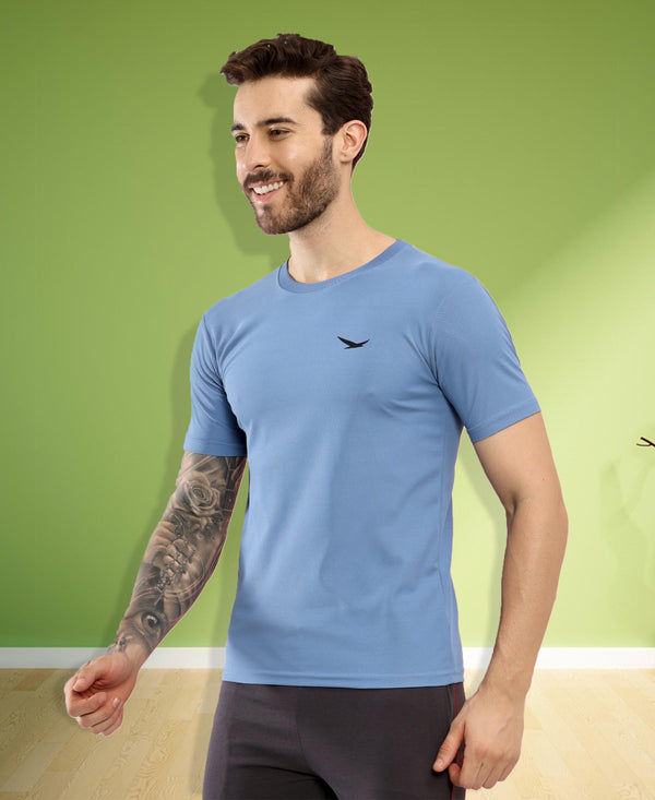 HiFlyers Men Regular Fit Polyster Pique Round Neck Half Sleev Tshirt Blue