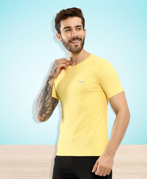 HiFlyers Men Regular Fit Polyster Pique Round Neck Half Sleev Tshirt Lemon