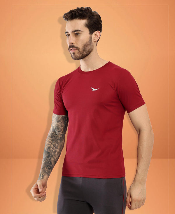 HiFlyers Men Regular Fit Polyster Pique Round Neck Half Sleev Tshirt Maroon