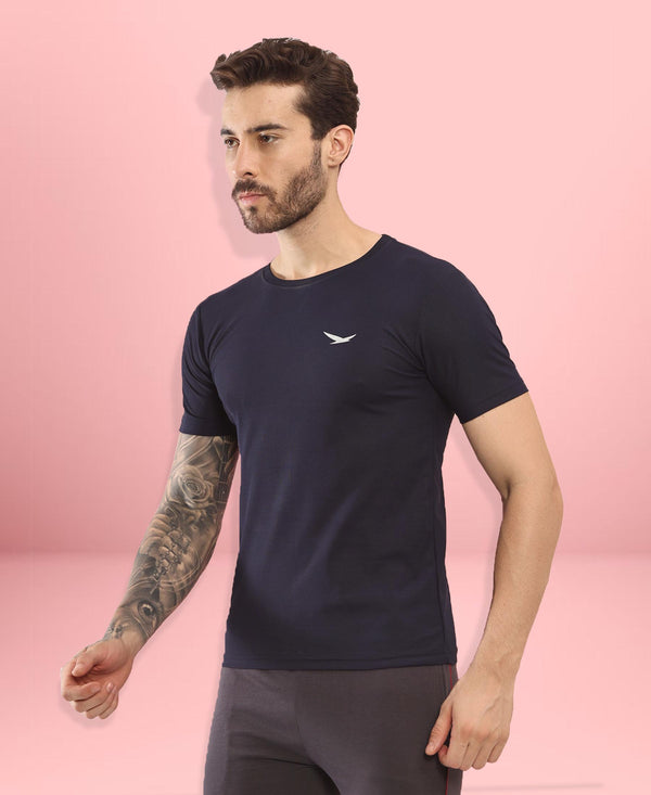 HiFlyers Men Regular Fit Polyster Pique Round Neck Half Sleev Tshirt Navy