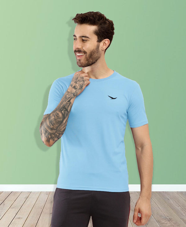 HiFlyers Men Regular Fit Polyster Pique Round Neck Half Sleev Tshirt Sky Blue