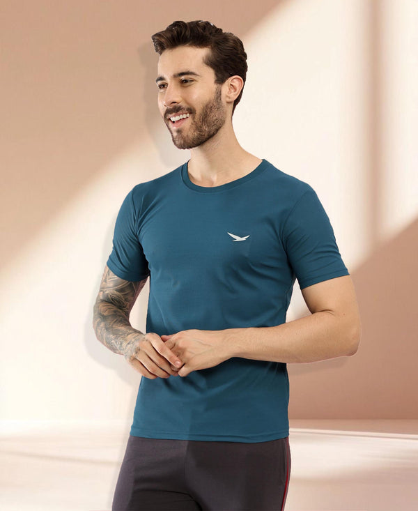 HiFlyers Men Regular Fit Polyster Pique Round Neck Half Sleev Tshirt Teal Blue