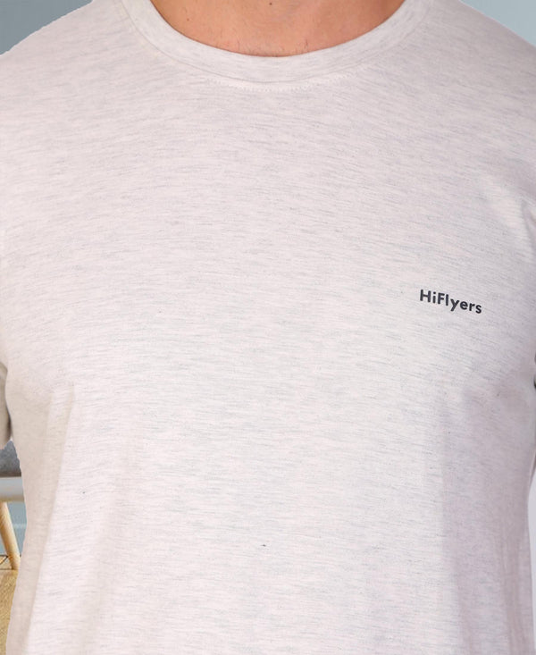 HiFlyers Men Slim Fit Self-Design Premium Rn Tshirts Ecru Melange