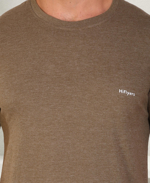 HiFlyers Men Slim Fit Self-Design Premium Melange Rn Tshirts Olive