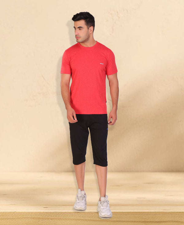 HiFlyers Men Slim Fit Self-Design Premium Melange Rn Tshirts Red