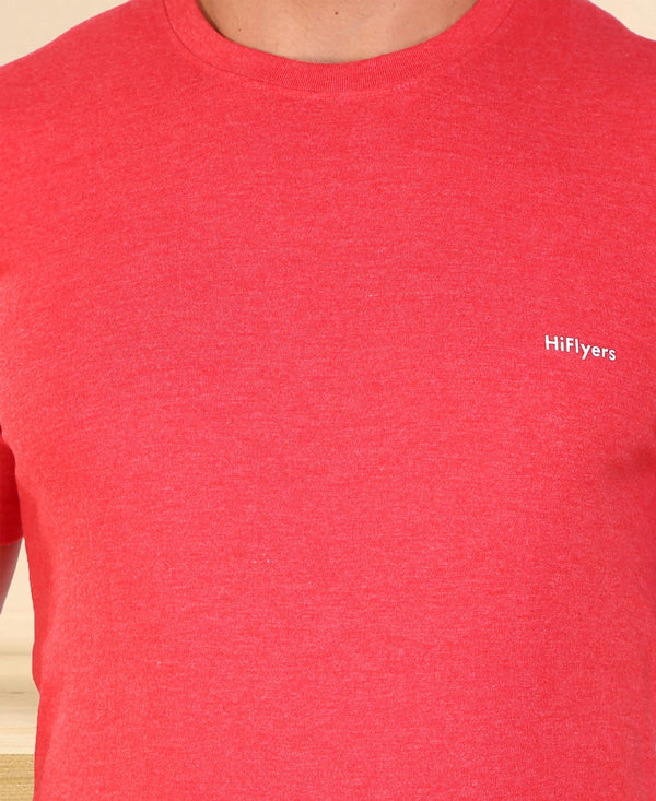 HiFlyers Men Slim Fit Self-Design Premium Melange Rn Tshirts Red