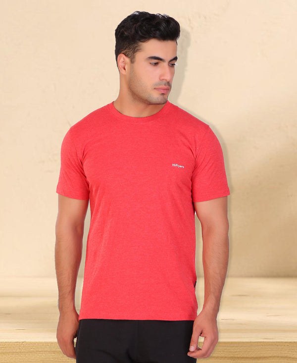 HiFlyers Men Slim Fit Self-Design Premium Melange Rn Tshirts Red