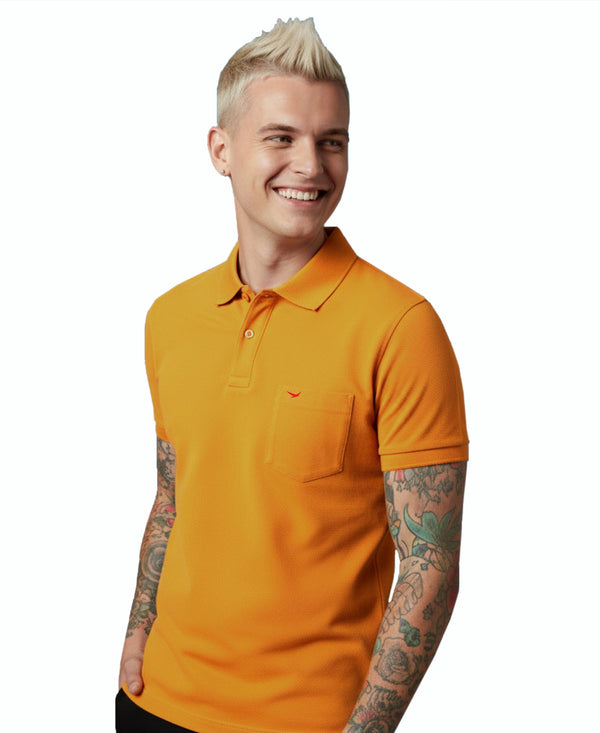 HiFlyers Men'S Solid Regular Fit Polo T-Shirt With Pocket -Dark Mustard